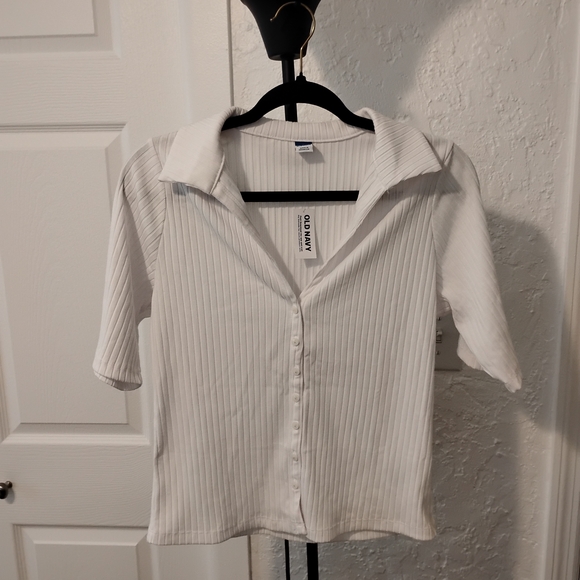 Old Navy Tops - NWT Old Navy White Ribbed Short Sleeve Polo Shirt Preppy Size L